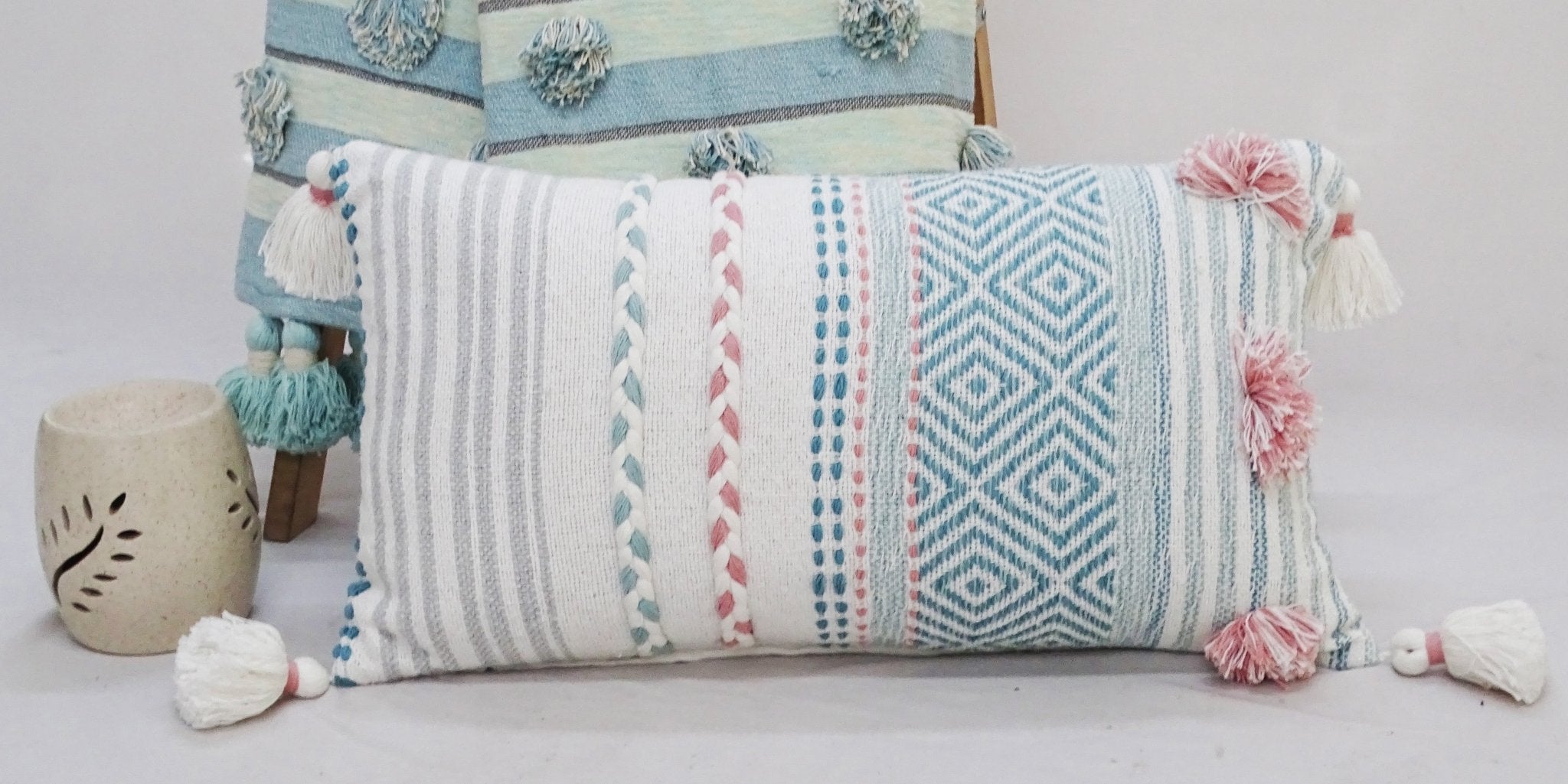 Striped Throw Pillow with Braid and Tassels 14"x24" La Vie Bien Striped Throw Pillow with Braid and Tassels 14"x24"