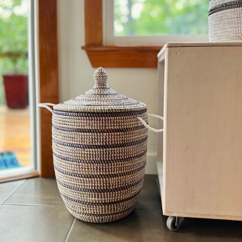 Striped White + Navy Medium Basket La Vie Bien Striped White + Navy Medium Basket