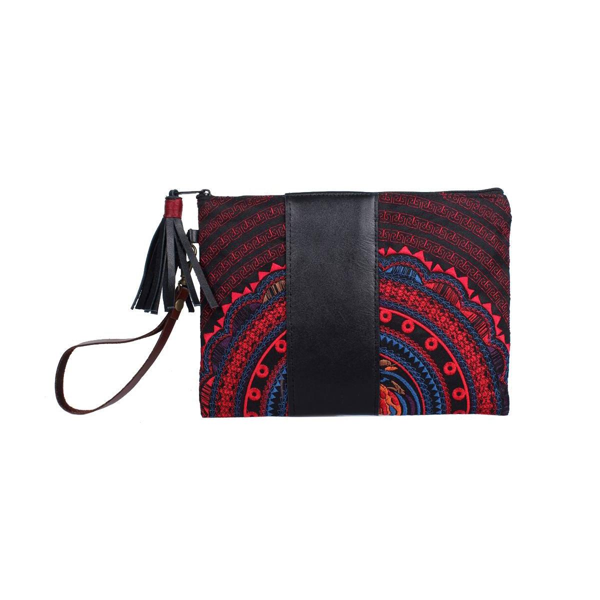 Sugar Skull and Tribal Wristlet with Leather Trim - Thailand Bags La Vie Bien Sugar Skull and Tribal Wristlet with Leather Trim - Thailand