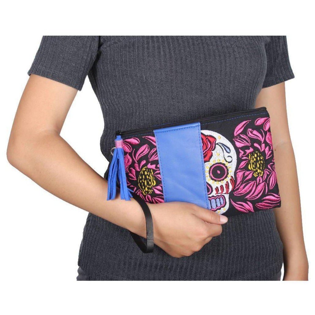 Sugar Skull and Tribal Wristlet with Leather Trim - Thailand Bags La Vie Bien Sugar Skull and Tribal Wristlet with Leather Trim - Thailand