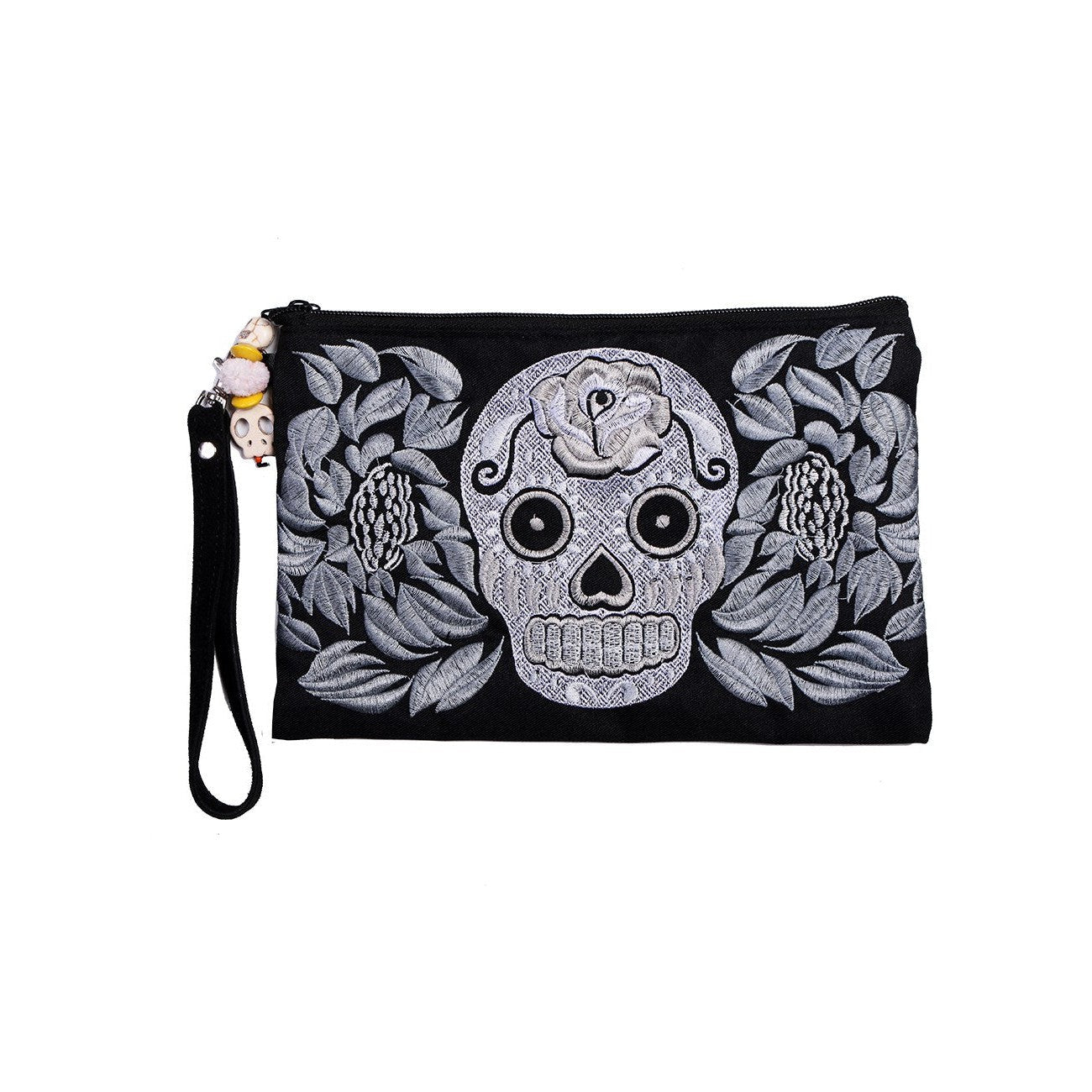 Sugar Skull Embroidered Monochrome Wristlet - Thailand Bags La Vie Bien Sugar Skull Embroidered Monochrome Wristlet - Thailand
