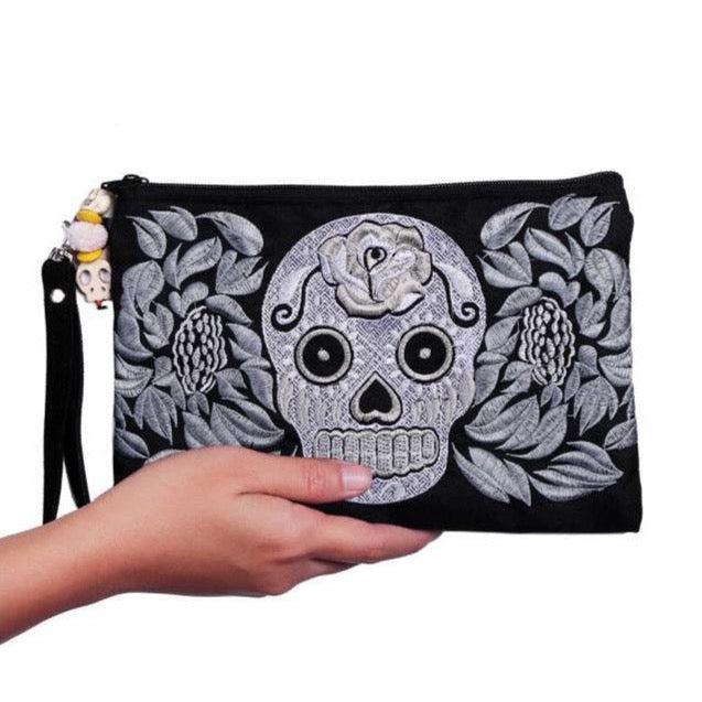 Sugar Skull Embroidered Monochrome Wristlet - Thailand Bags La Vie Bien Sugar Skull Embroidered Monochrome Wristlet - Thailand