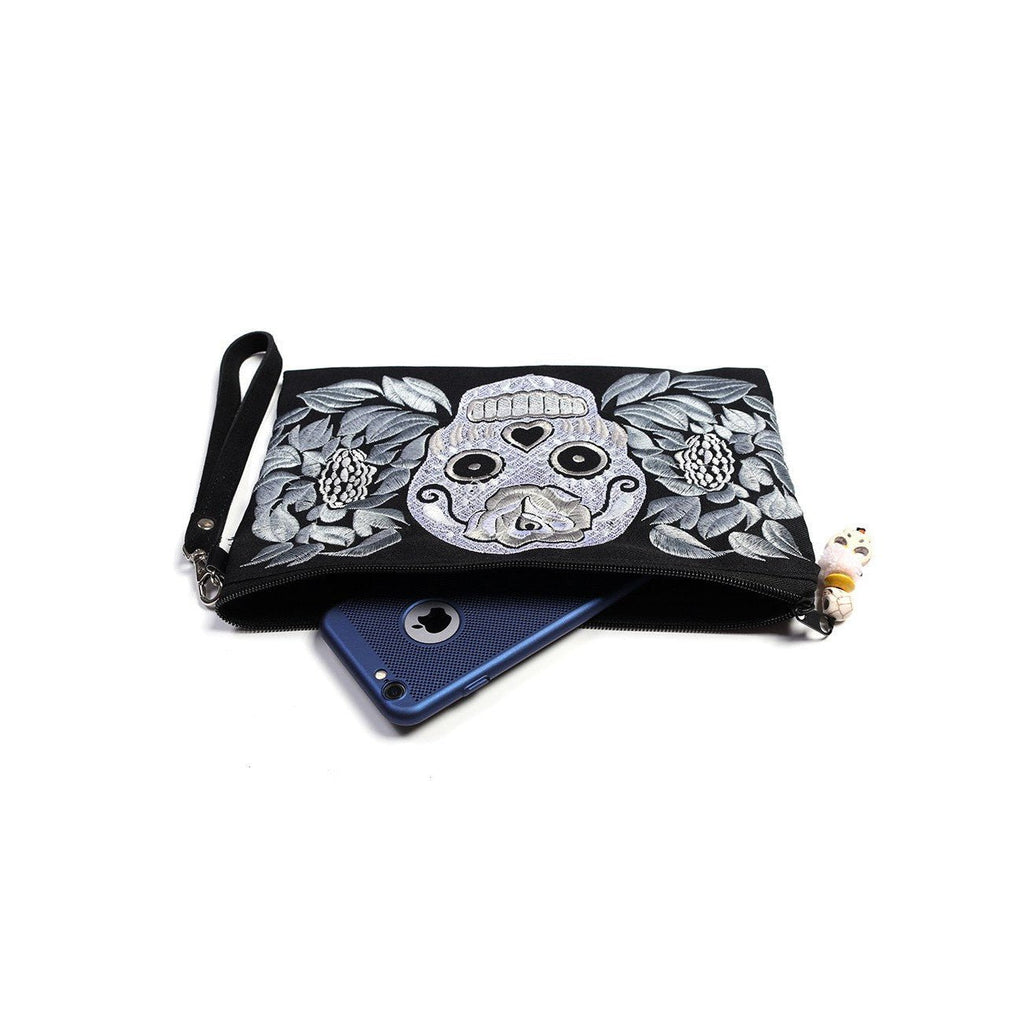 Sugar Skull Embroidered Monochrome Wristlet - Thailand Bags La Vie Bien Sugar Skull Embroidered Monochrome Wristlet - Thailand