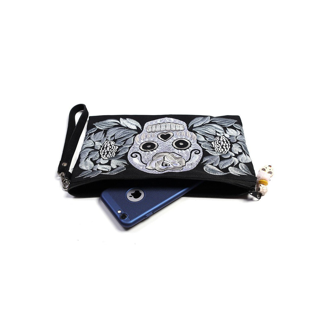 Sugar Skull Embroidered Monochrome Wristlet - Thailand Bags La Vie Bien Sugar Skull Embroidered Monochrome Wristlet - Thailand