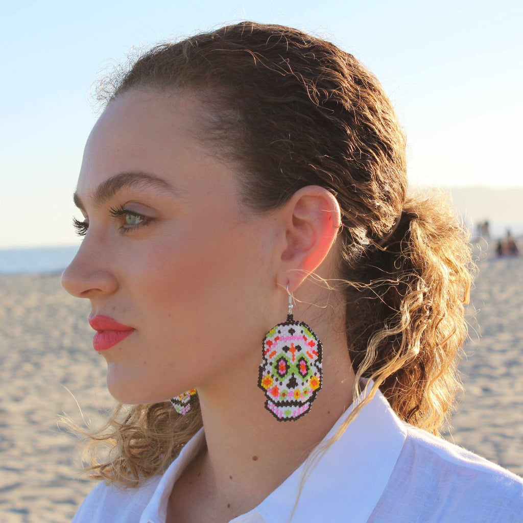 Sugar Skull Seed Bead Earrings - Guatemala Jewelry La Vie Bien Sugar Skull Seed Bead Earrings - Guatemala