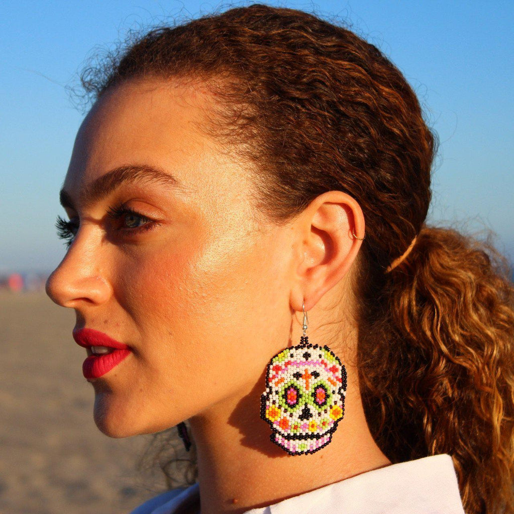 Sugar Skull Seed Bead Earrings - Guatemala Jewelry La Vie Bien Sugar Skull Seed Bead Earrings - Guatemala