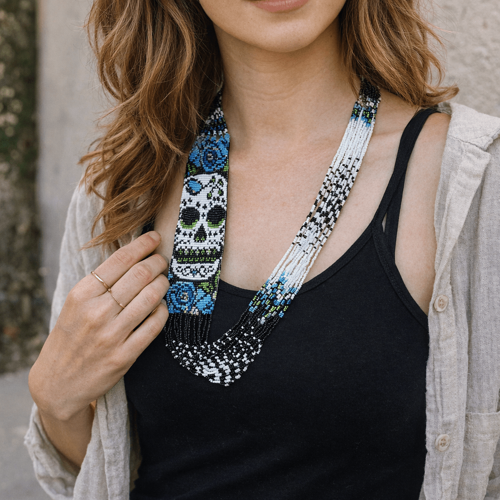 Sugar Skull Seed Bead Necklace - Guatemala Jewelry La Vie Bien Sugar Skull Seed Bead Necklace - Guatemala