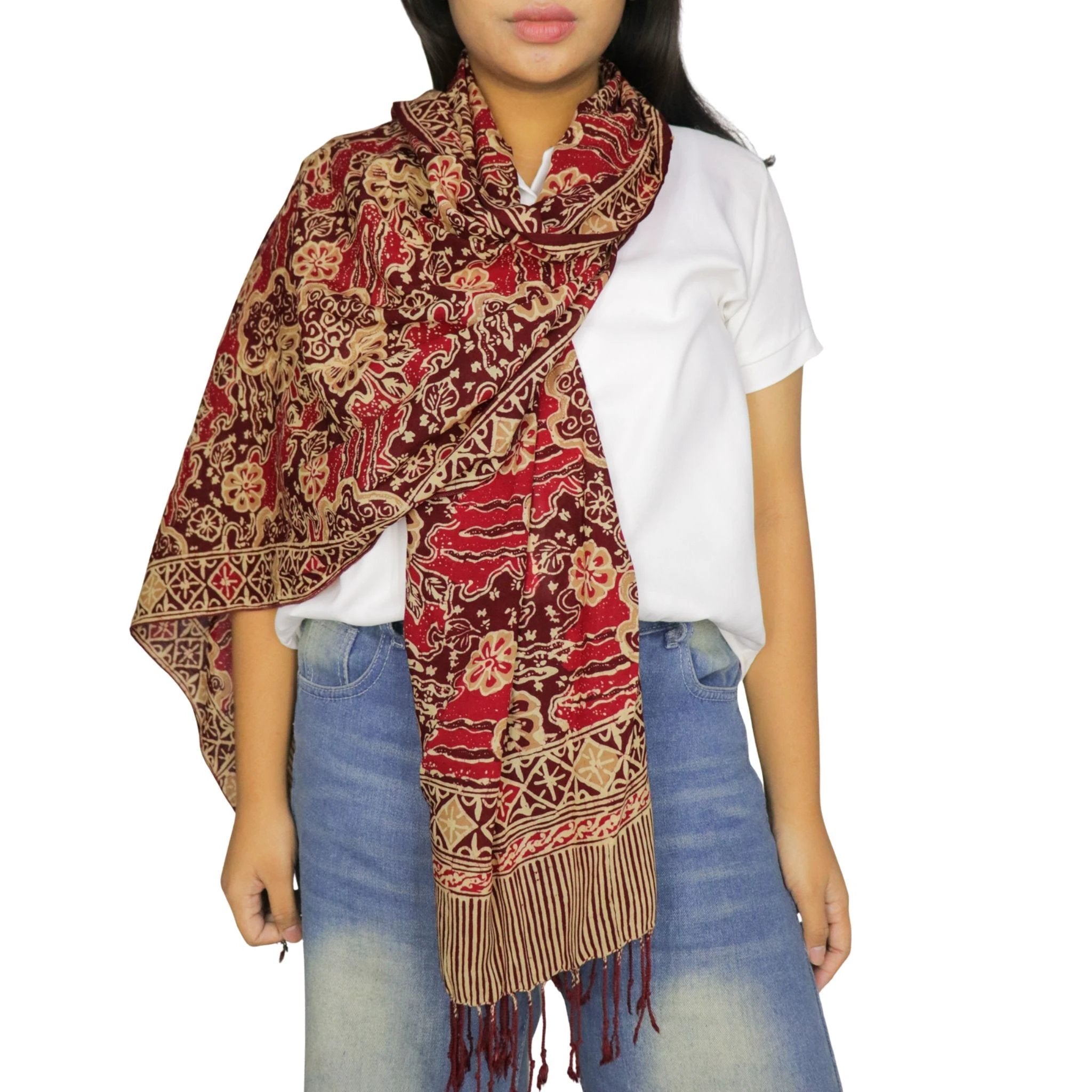 Handmade Batik Scarf, Soft Cotton, Sunlit Garden, Red Burgundy by Kasih Co-op