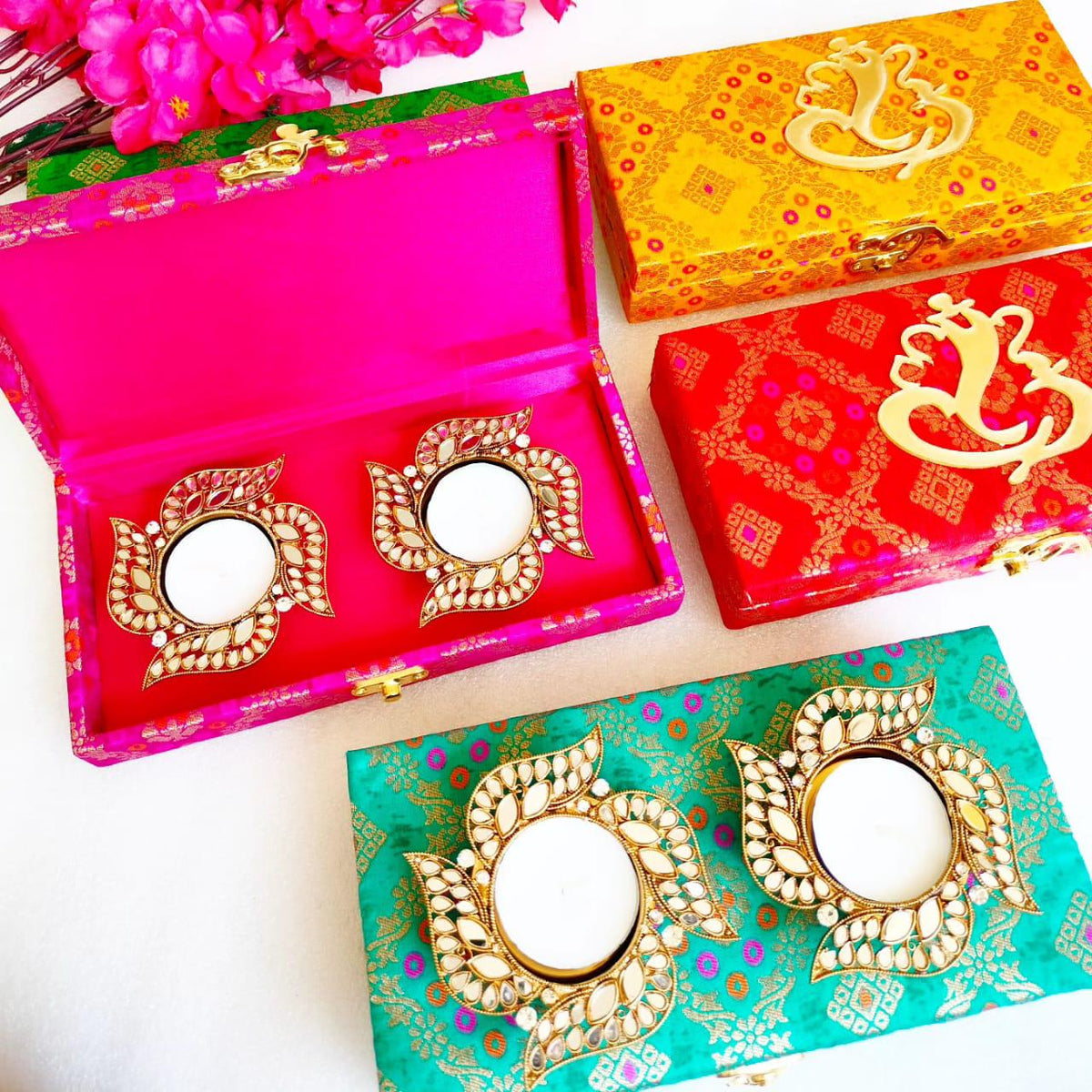Swastik Shape Metal Diya with Mirror Work - Designer Diyas for Indian Celebrations La Vie Bien Swastik Shape Metal Diya with Mirror Work - Designer Diyas for Indian Celebrations