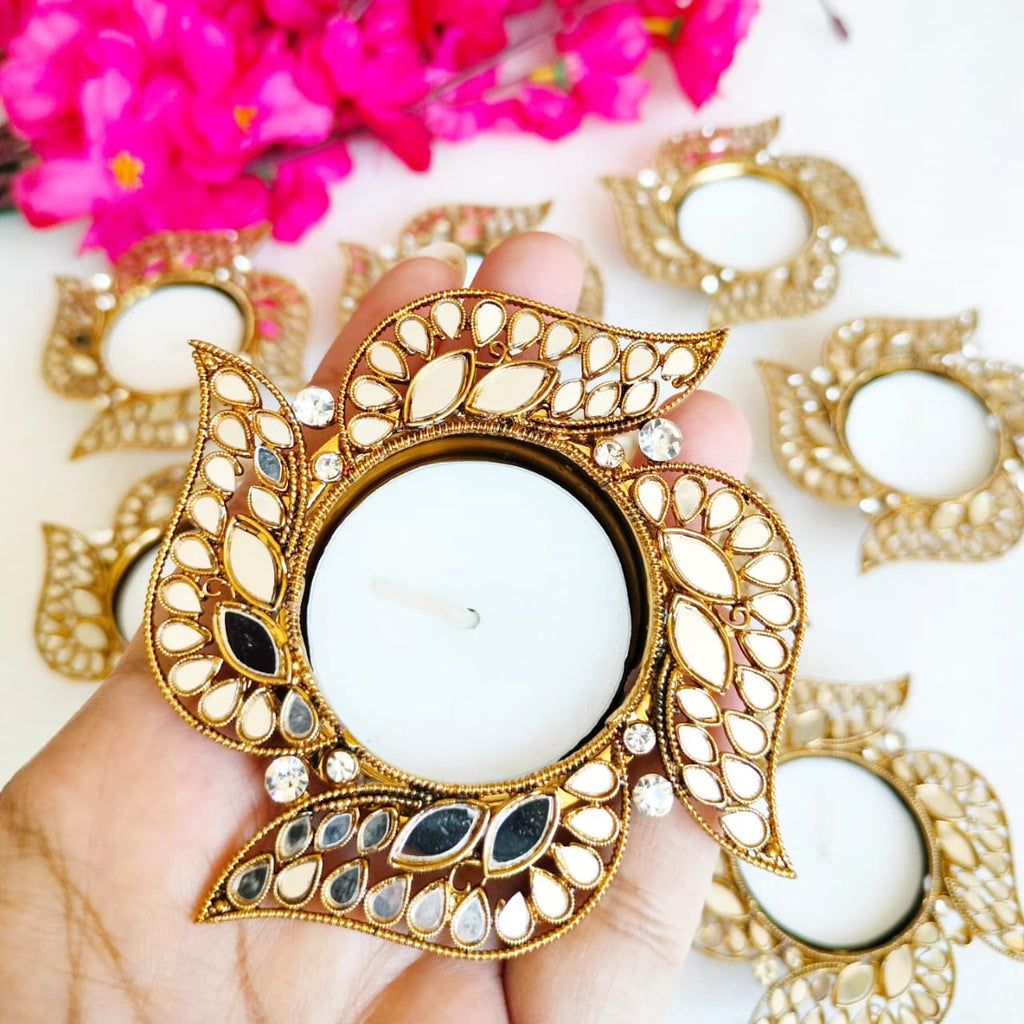 Swastik Shape Metal Diya with Mirror Work - Designer Diyas for Indian Celebrations La Vie Bien Swastik Shape Metal Diya with Mirror Work - Designer Diyas for Indian Celebrations