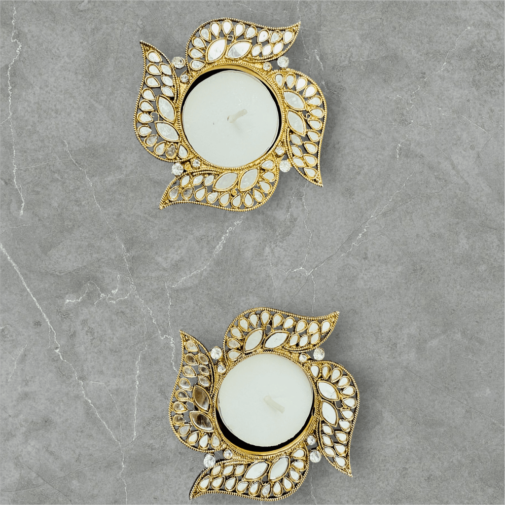Swastik Shape Metal Diya with Mirror Work - Designer Diyas for Indian Celebrations - Set of 2 La Vie Bien Swastik Shape Metal Diya with Mirror Work - Designer Diyas for Indian Celebrations - Set of 2