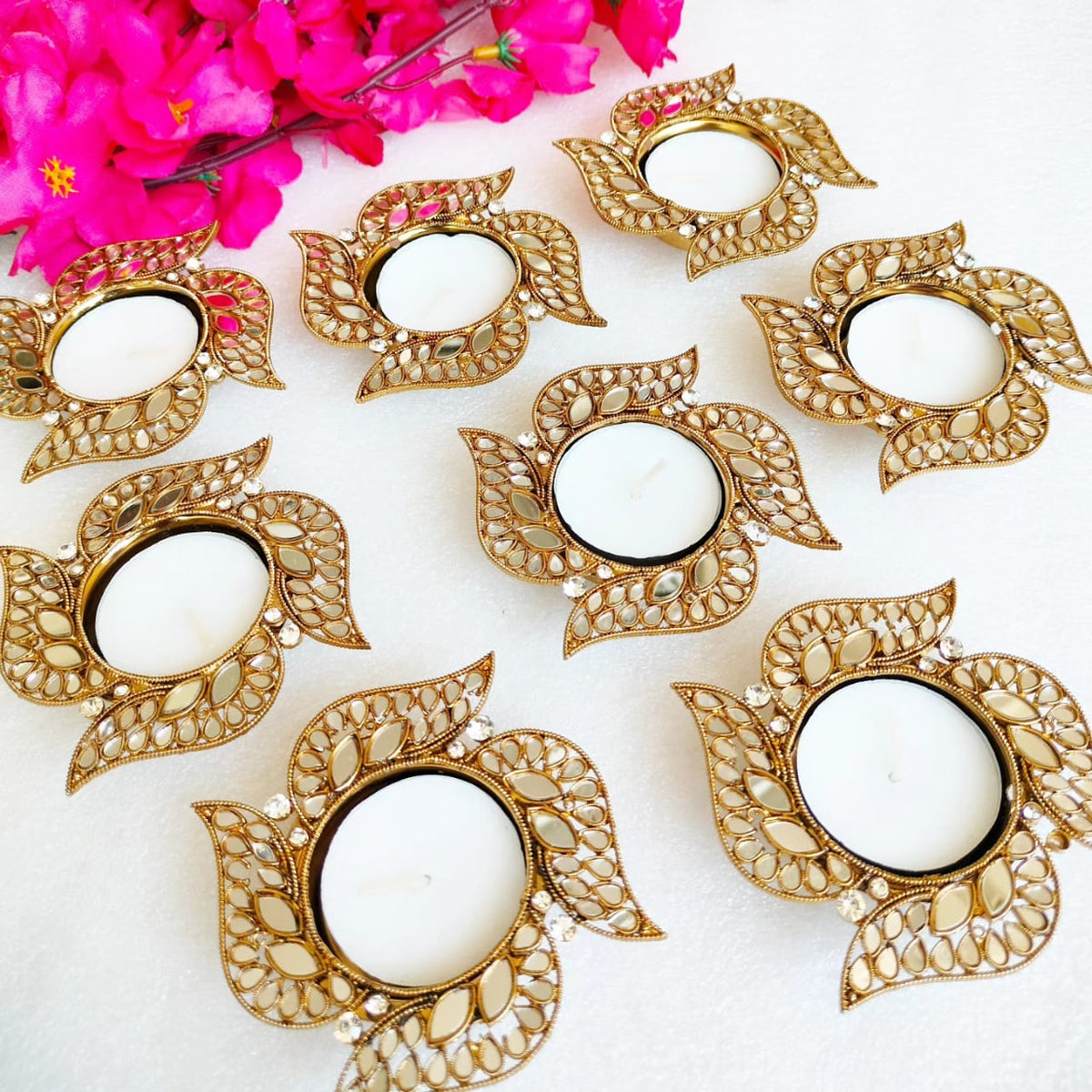 Swastik Shape Metal Diya with Mirror Work - Designer Diyas for Indian Celebrations - Set of 2 La Vie Bien Swastik Shape Metal Diya with Mirror Work - Designer Diyas for Indian Celebrations - Set of 2