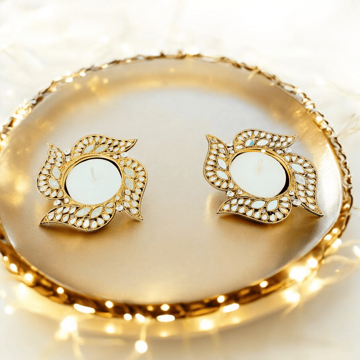 Swastik Shape Metal Diya with Mirror Work - Designer Diyas for Indian Celebrations - Set of 2 La Vie Bien Swastik Shape Metal Diya with Mirror Work - Designer Diyas for Indian Celebrations - Set of 2