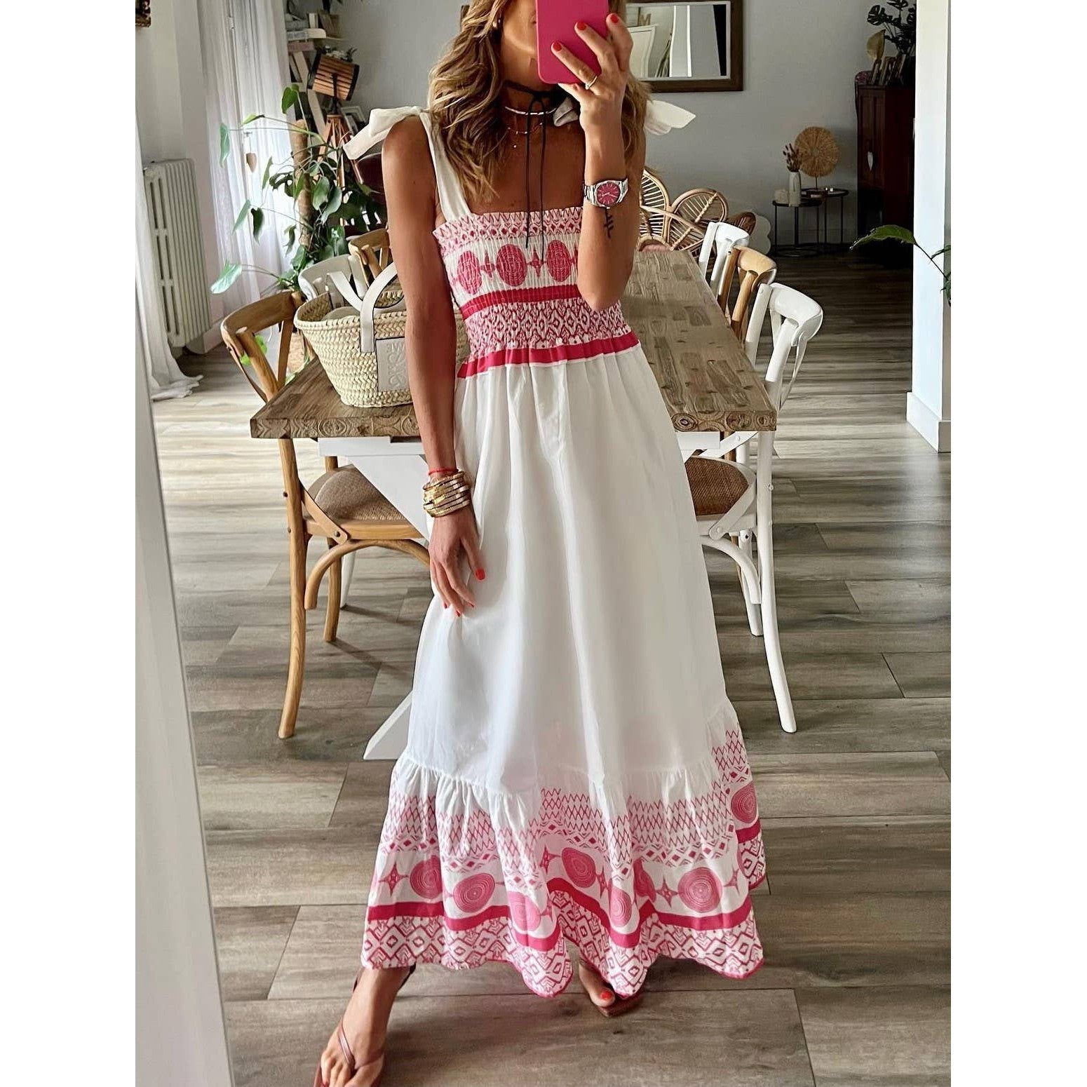 Sweet Bandage Slip Boho Print Dress in Red and White [Available in M - L]