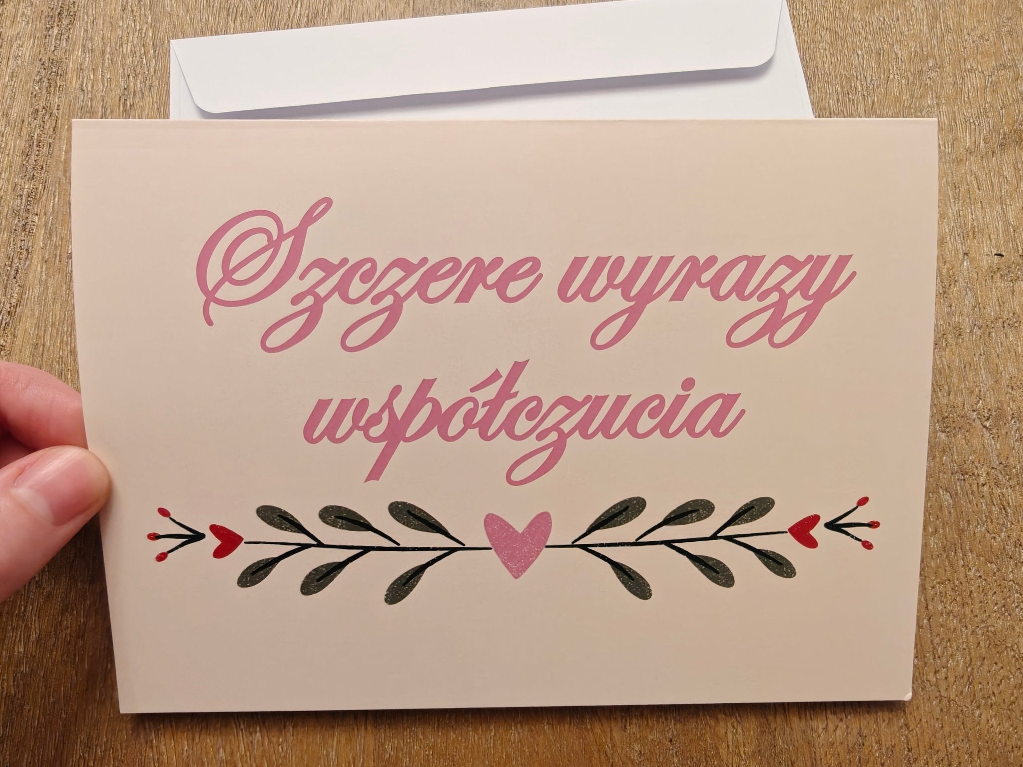 Szczere wyrazy współczucia Polish sympathy Greeting card, pink beige and green with heart design, envelope Greeting card La Vie Bien Szczere wyrazy współczucia Polish sympathy Greeting card, pink beige and green with heart design, envelope