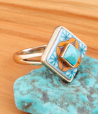 Talavera Tile Blue Turquoise Golden Ring by Barse Jewelry