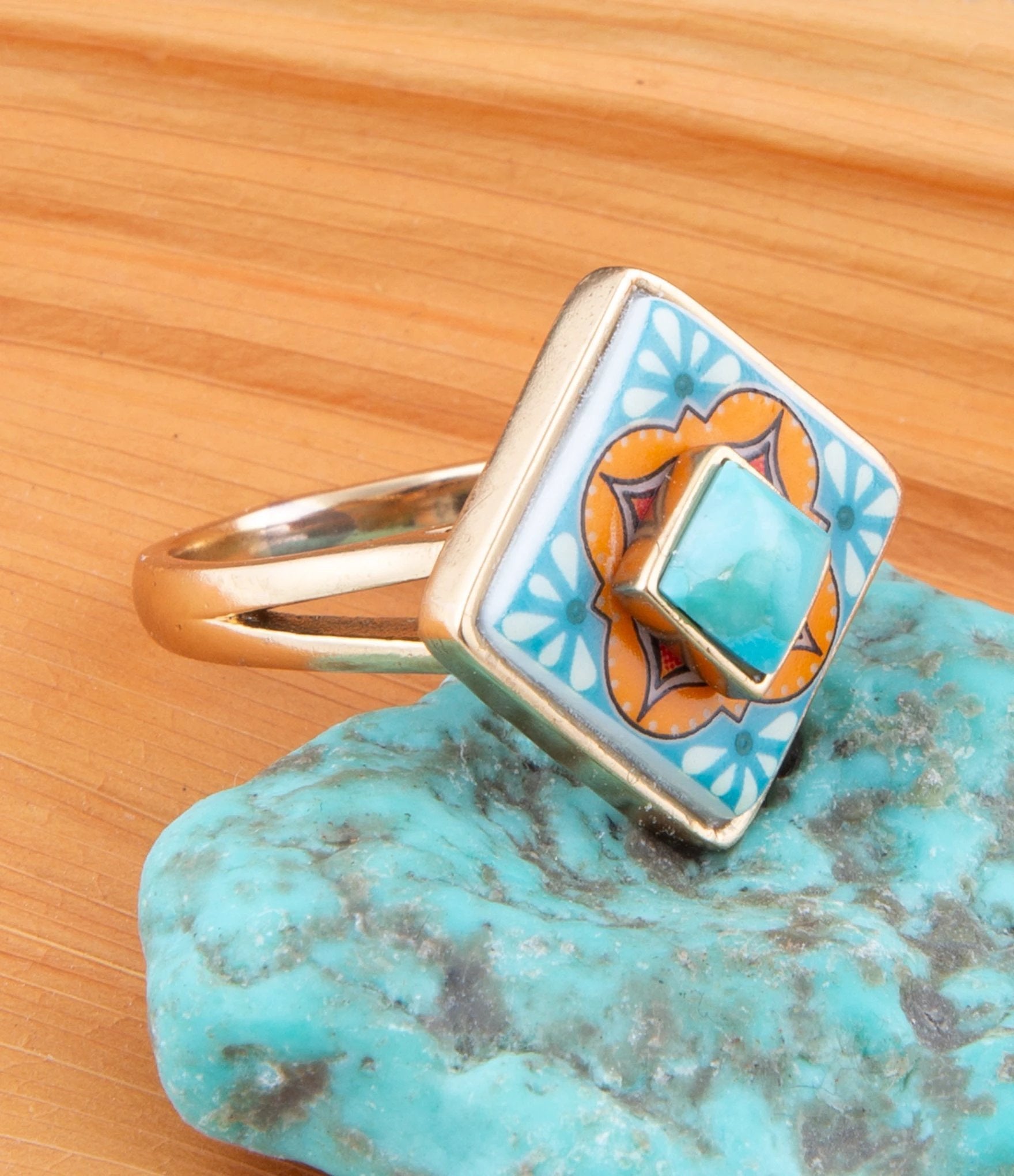 Talavera Tile Blue Turquoise Golden Ring by Barse Jewelry