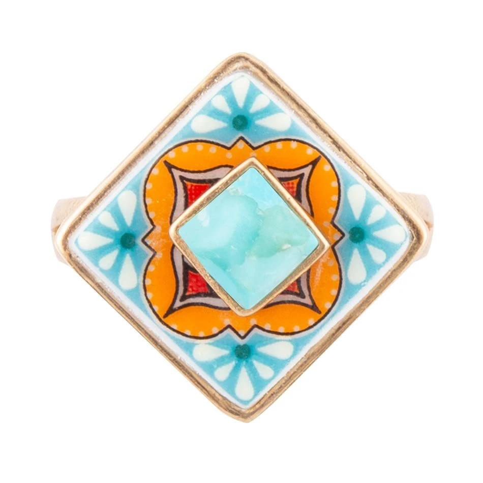 Talavera Tile Blue Turquoise Golden Ring by Barse Jewelry
