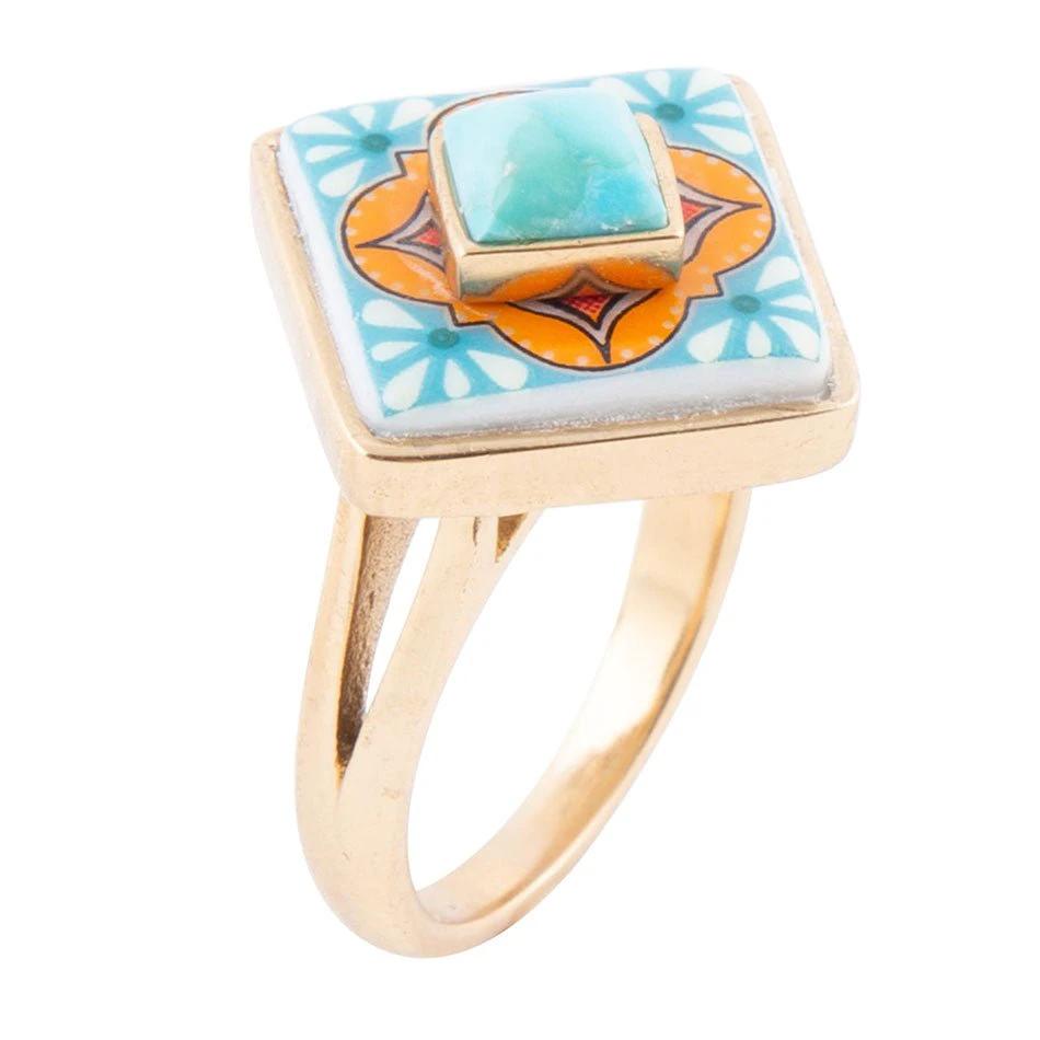 Talavera Tile Blue Turquoise Golden Ring by Barse Jewelry