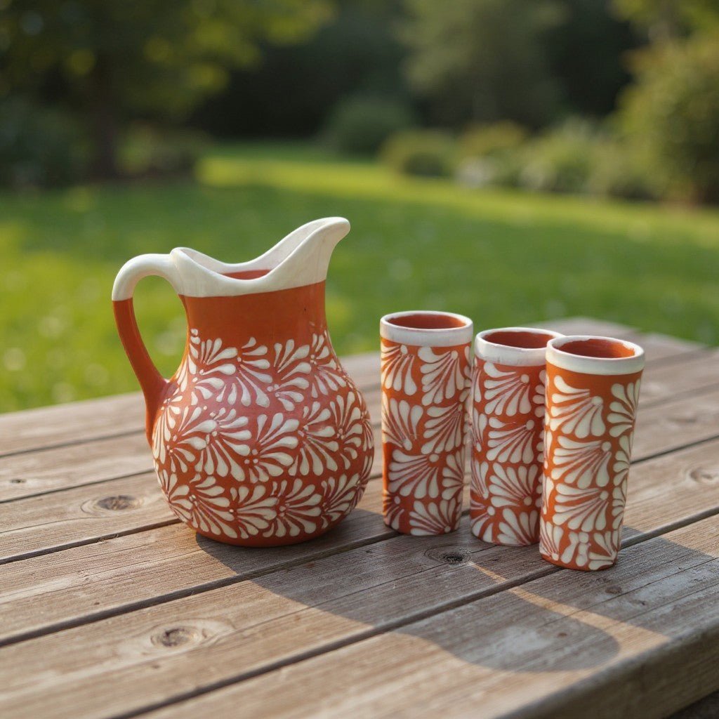 Talavera Brown & White Drinkware Set | Handmade Pitcher & Cups Handmade Pitcher La Vie Bien Talavera Brown & White Drinkware Set | Handmade Pitcher & Cups