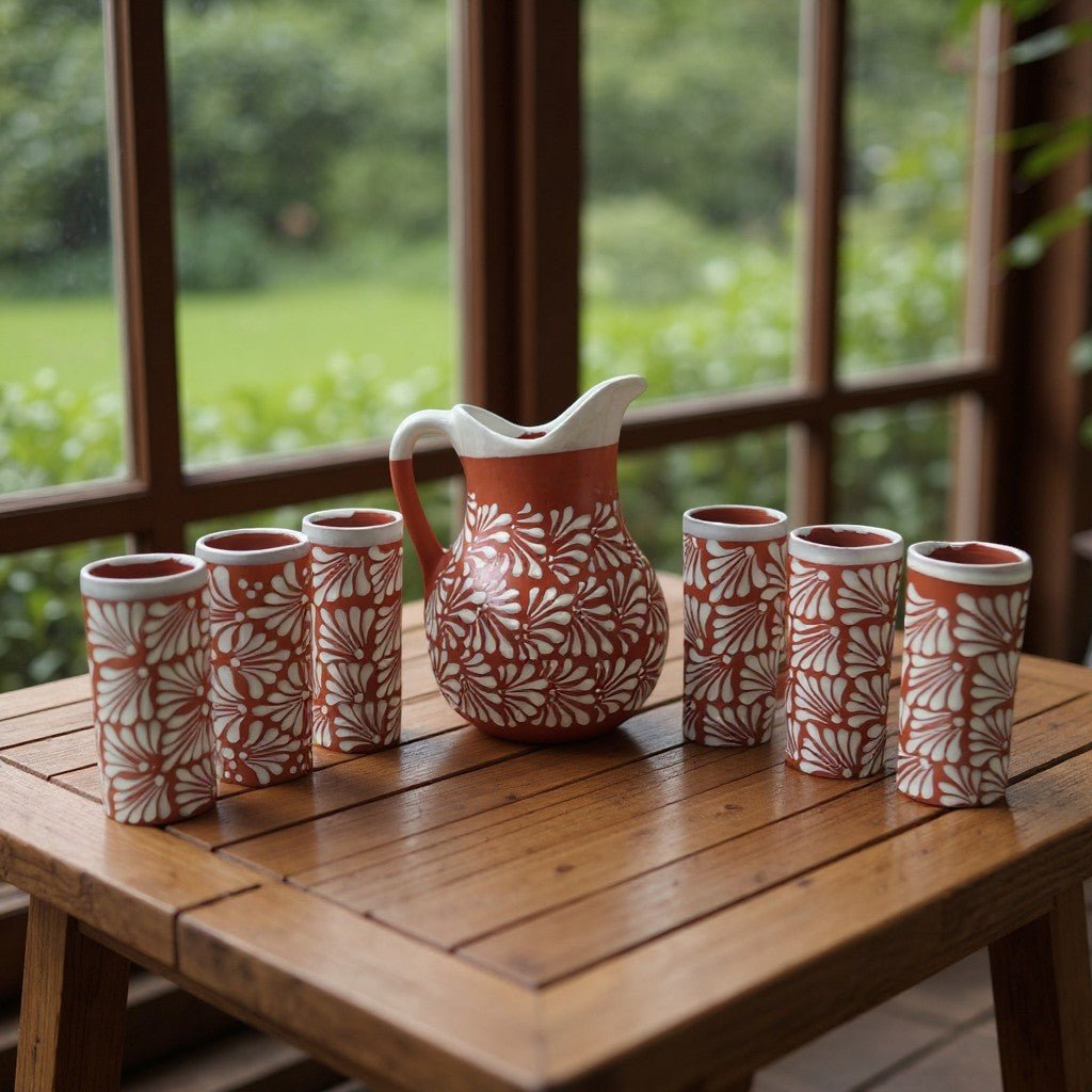 Talavera Brown & White Drinkware Set | Handmade Pitcher & Cups Handmade Pitcher La Vie Bien Talavera Brown & White Drinkware Set | Handmade Pitcher & Cups