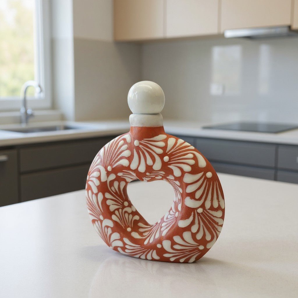 Talavera Brown & White Heart Decanter | Hand-Painted Ceramic Art Mexican Decanter La Vie Bien Talavera Brown & White Heart Decanter | Hand-Painted Ceramic Art