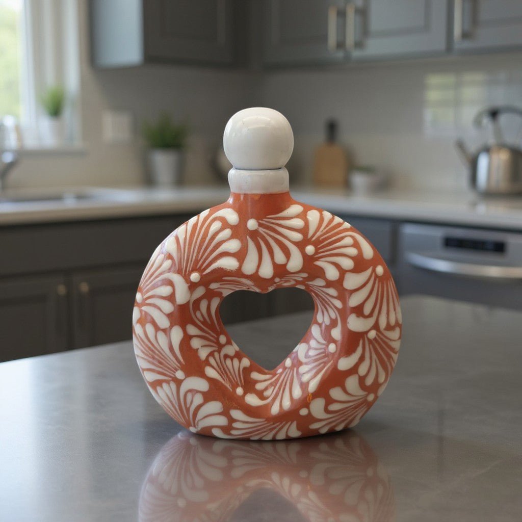 Talavera Brown & White Heart Decanter | Hand-Painted Ceramic Art Mexican Decanter La Vie Bien Talavera Brown & White Heart Decanter | Hand-Painted Ceramic Art