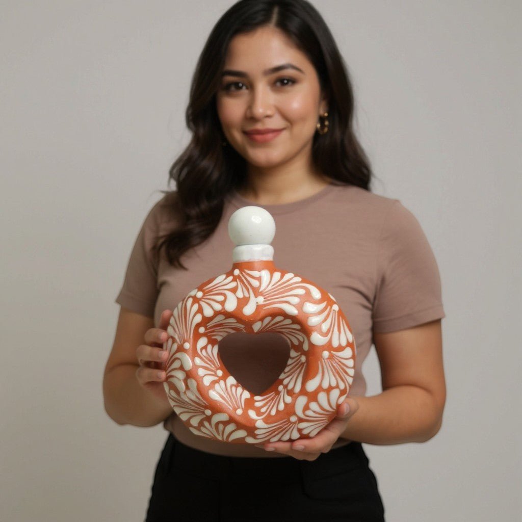 Talavera Brown & White Heart Decanter | Hand-Painted Ceramic Art Mexican Decanter La Vie Bien Talavera Brown & White Heart Decanter | Hand-Painted Ceramic Art