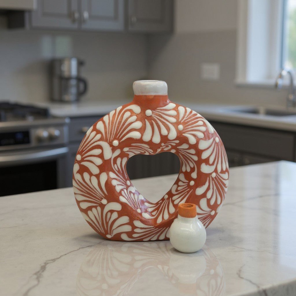 Talavera Brown & White Heart Decanter | Hand-Painted Ceramic Art Mexican Decanter La Vie Bien Talavera Brown & White Heart Decanter | Hand-Painted Ceramic Art