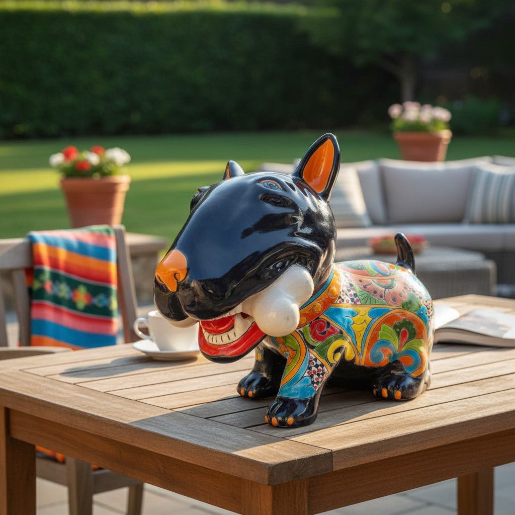 Talavera Bull Terrier Decor | Hand - painted Ceramic Dog with Bone (Extra Large) Talavera Statue La Vie Bien Talavera Bull Terrier Decor | Hand - painted Ceramic Dog with Bone (Extra Large)