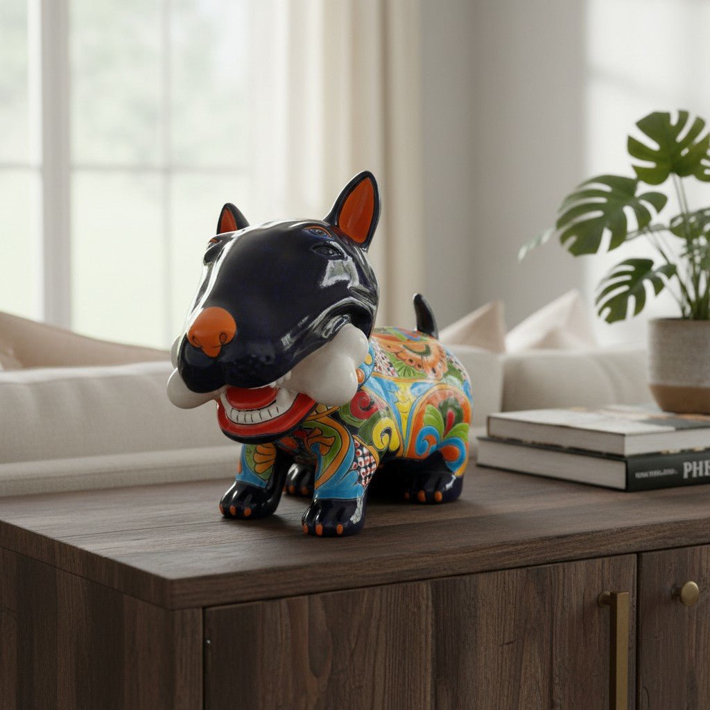 Talavera Bull Terrier Decor | Hand - painted Ceramic Dog with Bone (Extra Large) Talavera Statue La Vie Bien Talavera Bull Terrier Decor | Hand - painted Ceramic Dog with Bone (Extra Large)