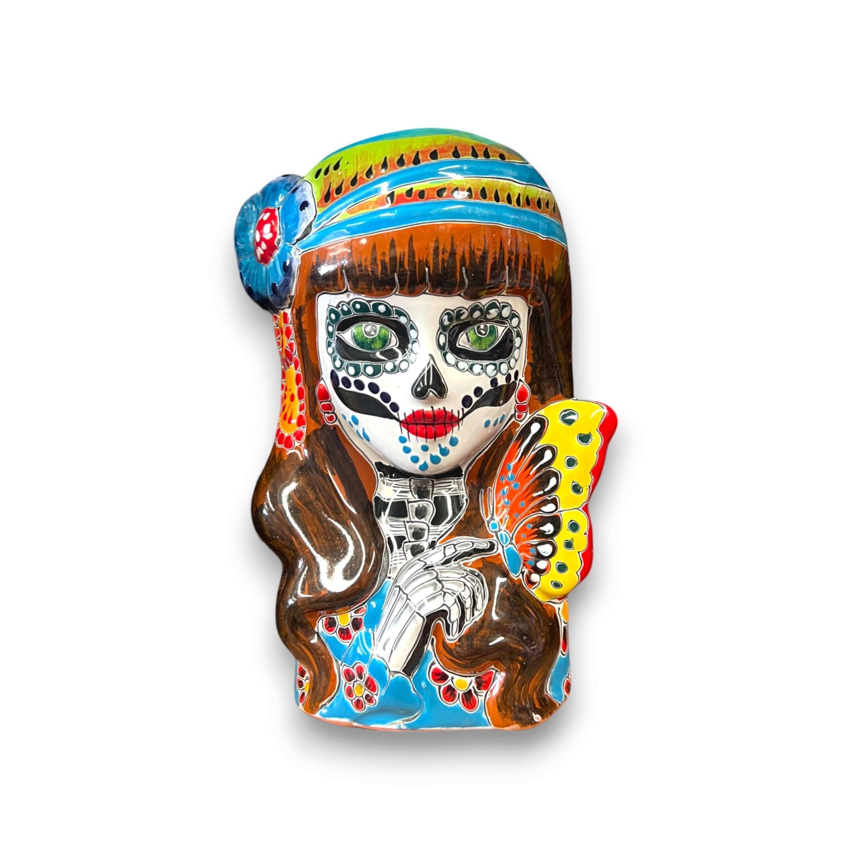 Talavera Butterfly Skull Planter | Handcrafted Day of the Dead Ceramic Pot