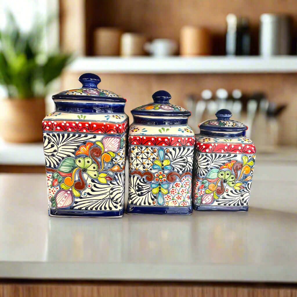 Talavera Canister Set | Dark Blue Mexican Kitchen Storage Jars Talavera Canister Set La Vie Bien Talavera Canister Set | Dark Blue Mexican Kitchen Storage Jars