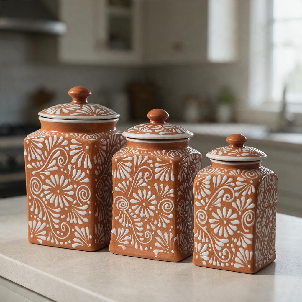 Talavera Canister Set | Brown & White Floral Kitchen Decor