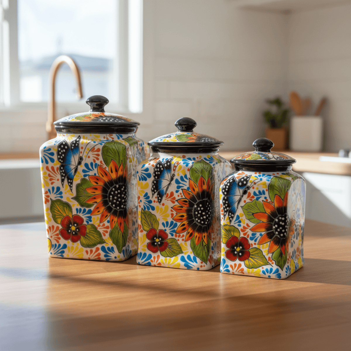 Talavera Canister Set | Sunflower Butterfly Kitchen Decor Talavera Canister Set La Vie Bien Talavera Canister Set | Sunflower Butterfly Kitchen Decor