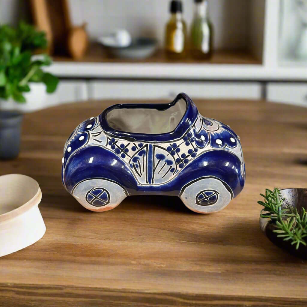 Talavera Car Planter | Small Blue & White Handmade Ceramic Pot Talavera Planter La Vie Bien Talavera Car Planter | Small Blue & White Handmade Ceramic Pot