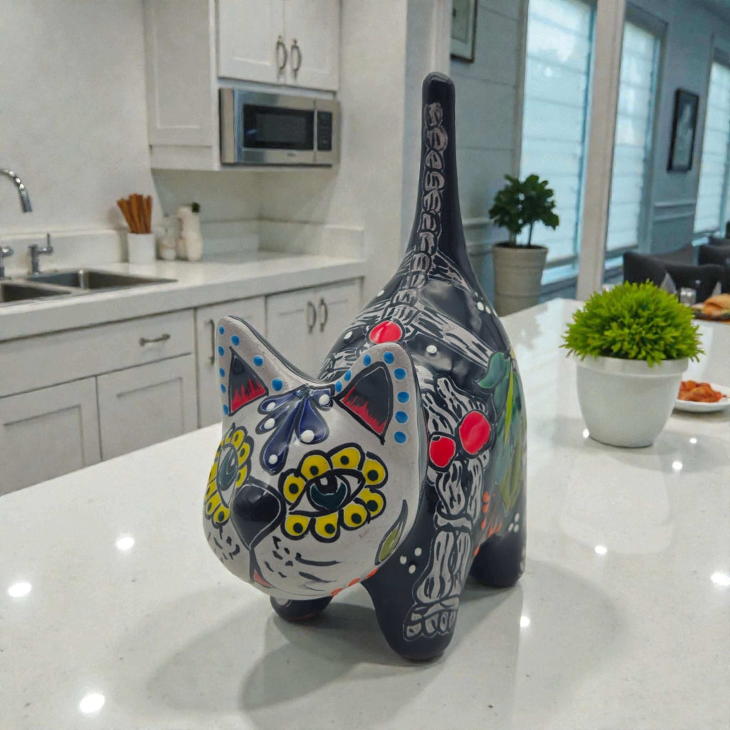 Talavera Cat Figurine | Day of the Dead Handcrafted Art Talavera Statue La Vie Bien Talavera Cat Figurine | Day of the Dead Handcrafted Art