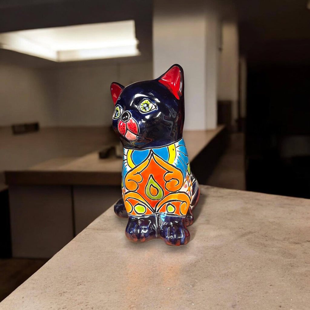 Talavera Cat Figurine | Hand - Painted Mexican Folk Art Home Decor Talavera Statue La Vie Bien Talavera Cat Figurine | Hand - Painted Mexican Folk Art Home Decor