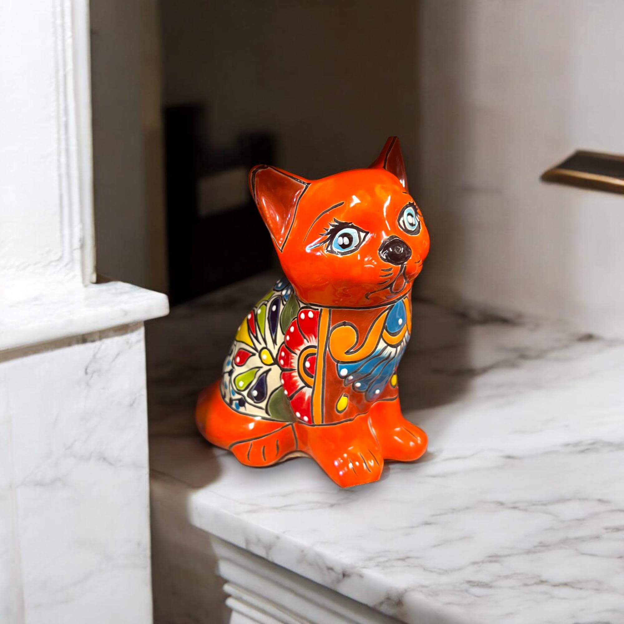 Talavera Cat Figurine | Hand - Painted Mexican Folk Art Home Decor Talavera Statue La Vie Bien Talavera Cat Figurine | Hand - Painted Mexican Folk Art Home Decor