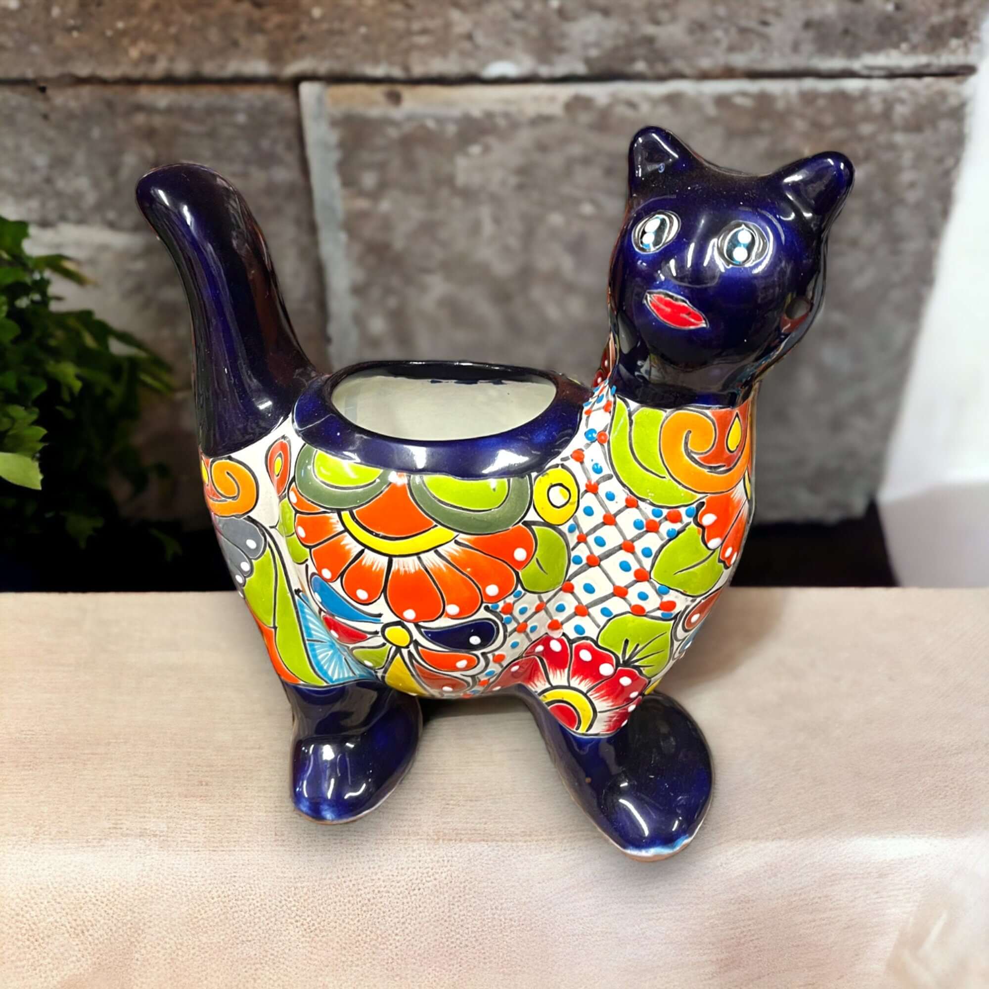 Talavera Cat Planter | Colorful Hand-Painted Mexican Artwork (Medium) Talavera Planter La Vie Bien Talavera Cat Planter | Colorful Hand-Painted Mexican Artwork (Medium)
