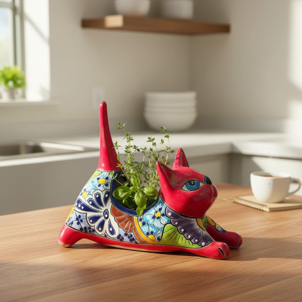 Talavera Cat Planter | Colorful Handcrafted Stretching Animal Pot Talavera Planter La Vie Bien Talavera Cat Planter | Colorful Handcrafted Stretching Animal Pot