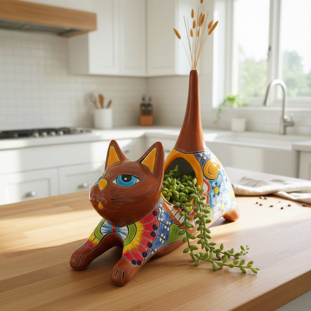 Talavera Cat Planter | Colorful Handcrafted Stretching Animal Pot Talavera Planter La Vie Bien Talavera Cat Planter | Colorful Handcrafted Stretching Animal Pot