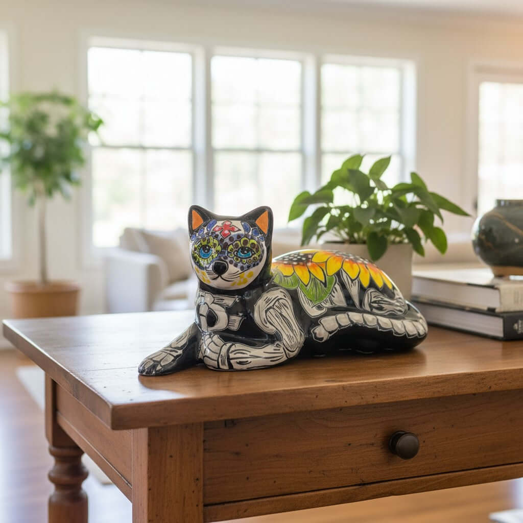 Talavera Cat Statue | Day of the Dead Mexican Ceramic Decor Talavera Figurine La Vie Bien Talavera Cat Statue | Day of the Dead Mexican Ceramic Decor