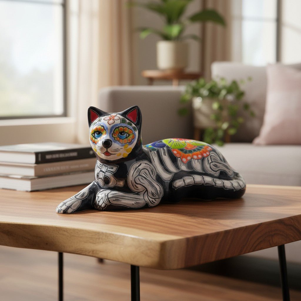 Talavera Cat Statue | Day of the Dead Mexican Ceramic Decor Talavera Figurine La Vie Bien Talavera Cat Statue | Day of the Dead Mexican Ceramic Decor