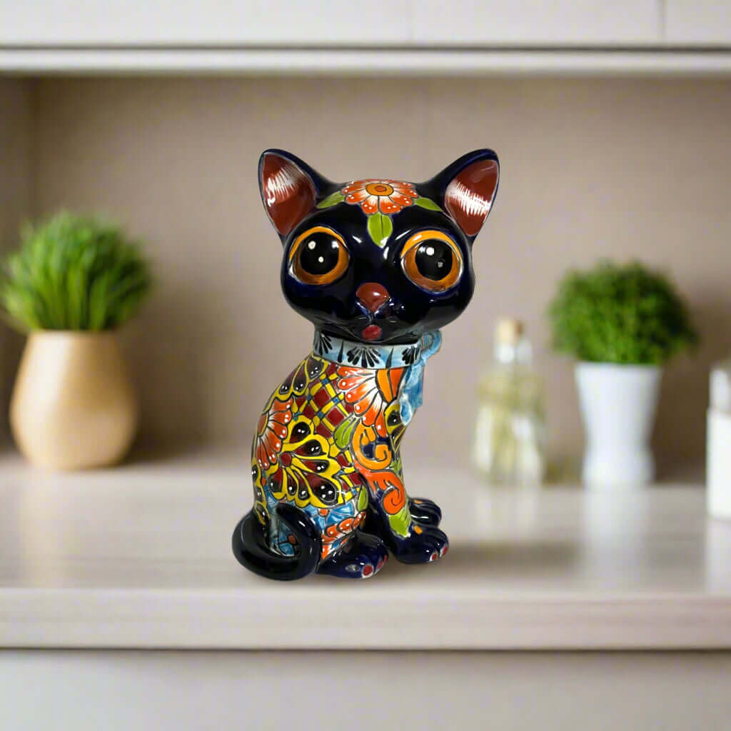 Talavera Cat Statue | Hand - Painted Mexican Folk Art Figurine Talavera Statue La Vie Bien Talavera Cat Statue | Hand - Painted Mexican Folk Art Figurine