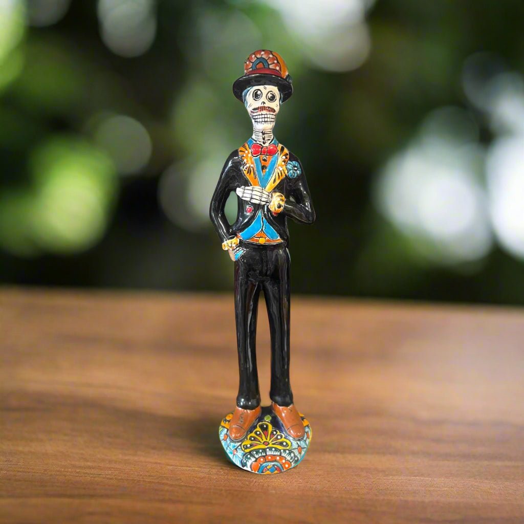 Talavera Catrin Statue | Hand - Painted Day of the Dead Skeleton Man Talavera Figurine La Vie Bien Talavera Catrin Statue | Hand - Painted Day of the Dead Skeleton Man