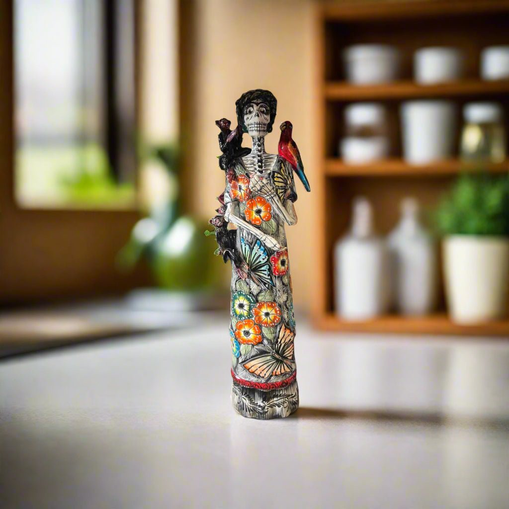 Talavera Catrina Figurine | Day of the Dead Skeleton with Monkey & Bird Talavera Figurine La Vie Bien Talavera Catrina Figurine | Day of the Dead Skeleton with Monkey & Bird