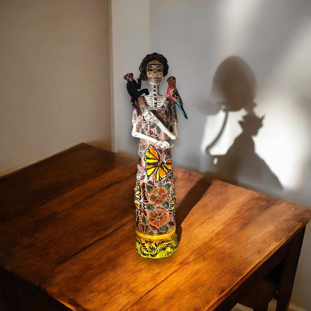 Talavera Catrina Figurine | Day of the Dead Skeleton with Monkey & Bird Talavera Figurine La Vie Bien Talavera Catrina Figurine | Day of the Dead Skeleton with Monkey & Bird