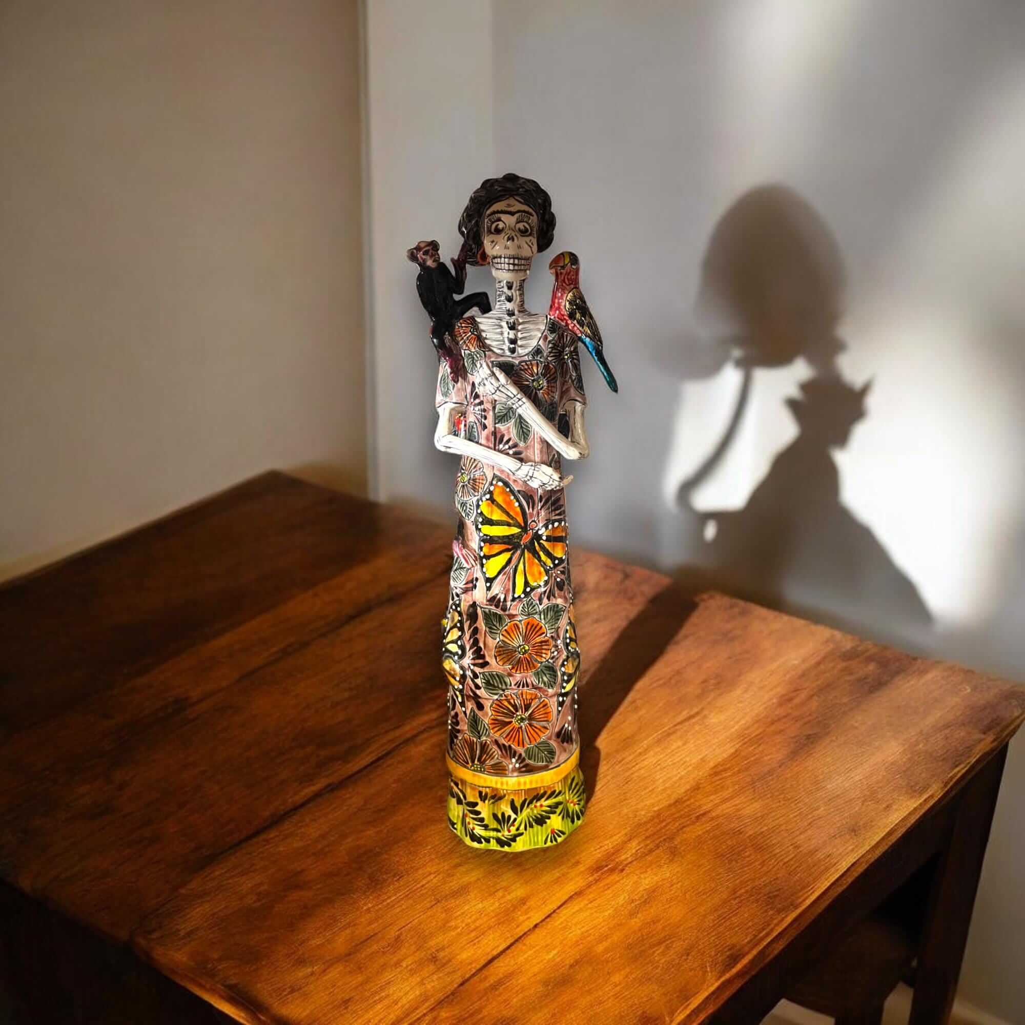 Talavera Catrina Figurine | Day of the Dead Skeleton with Monkey & Bird Talavera Figurine La Vie Bien Talavera Catrina Figurine | Day of the Dead Skeleton with Monkey & Bird