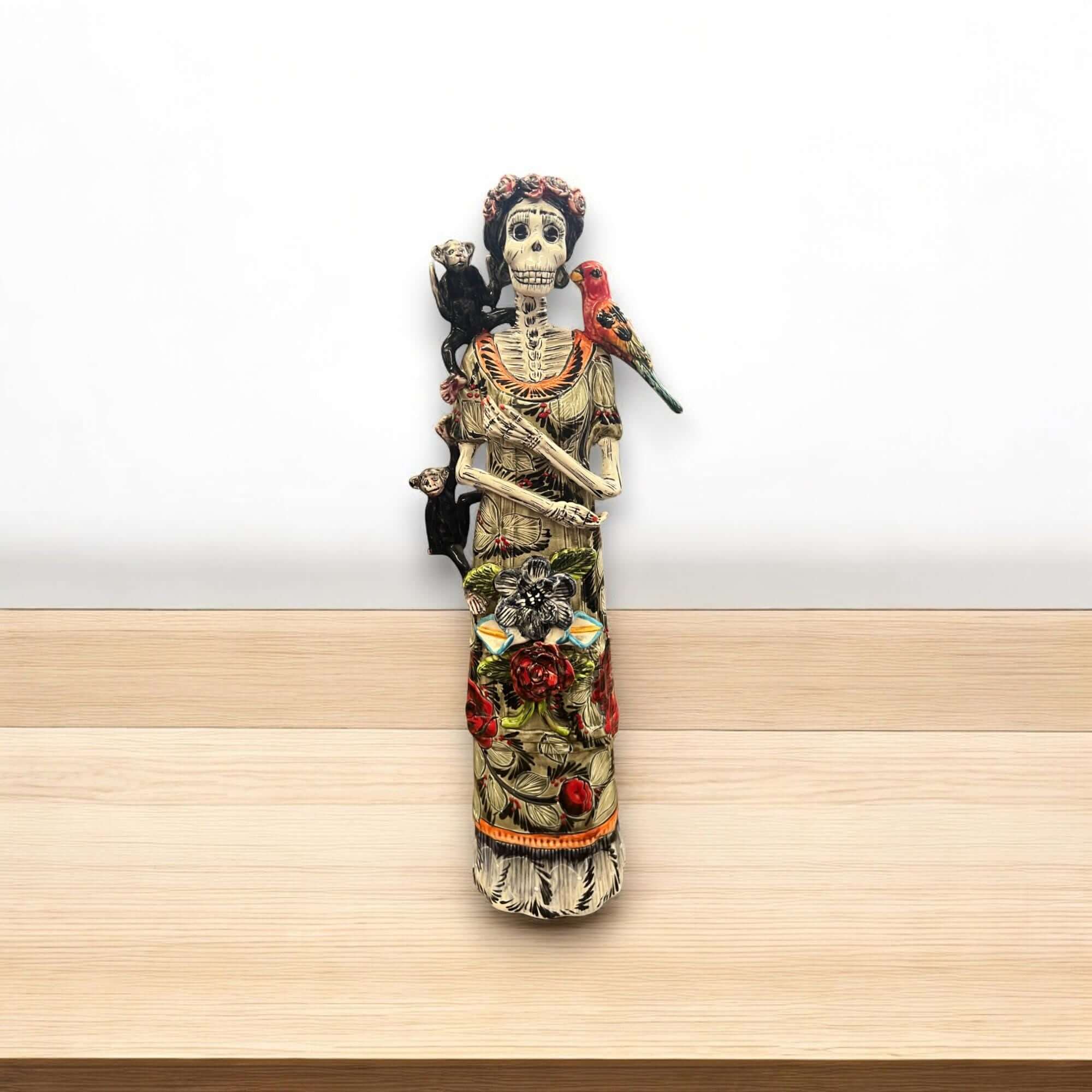 Talavera Catrina Figurine | Day of the Dead Skeleton with Monkey & Bird Talavera Figurine La Vie Bien Talavera Catrina Figurine | Day of the Dead Skeleton with Monkey & Bird
